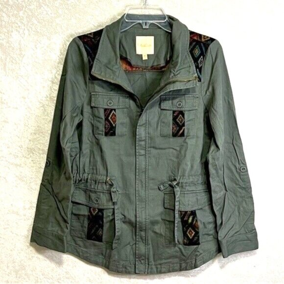 MODCLOTH Y2K Cargo Jacket Womens M Green Denim Tapestry Trim Academia Grunge - Picture 1 of 11